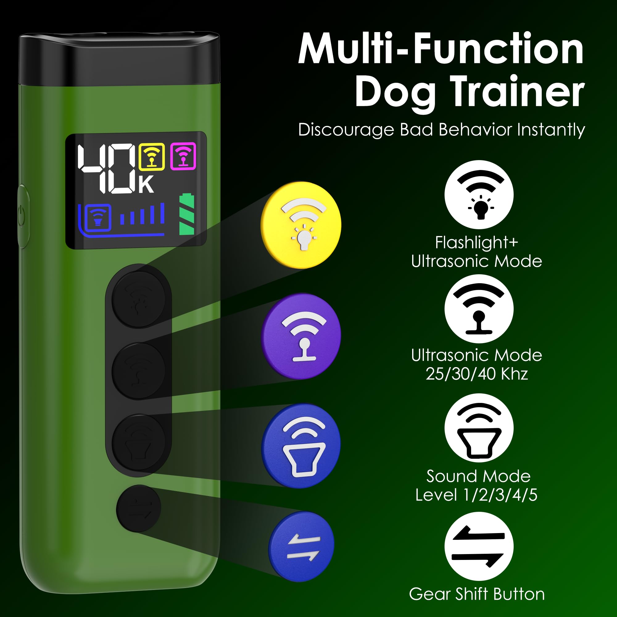 Phzibor dog bark deterrent green side view highlights ergonomic grip during walks