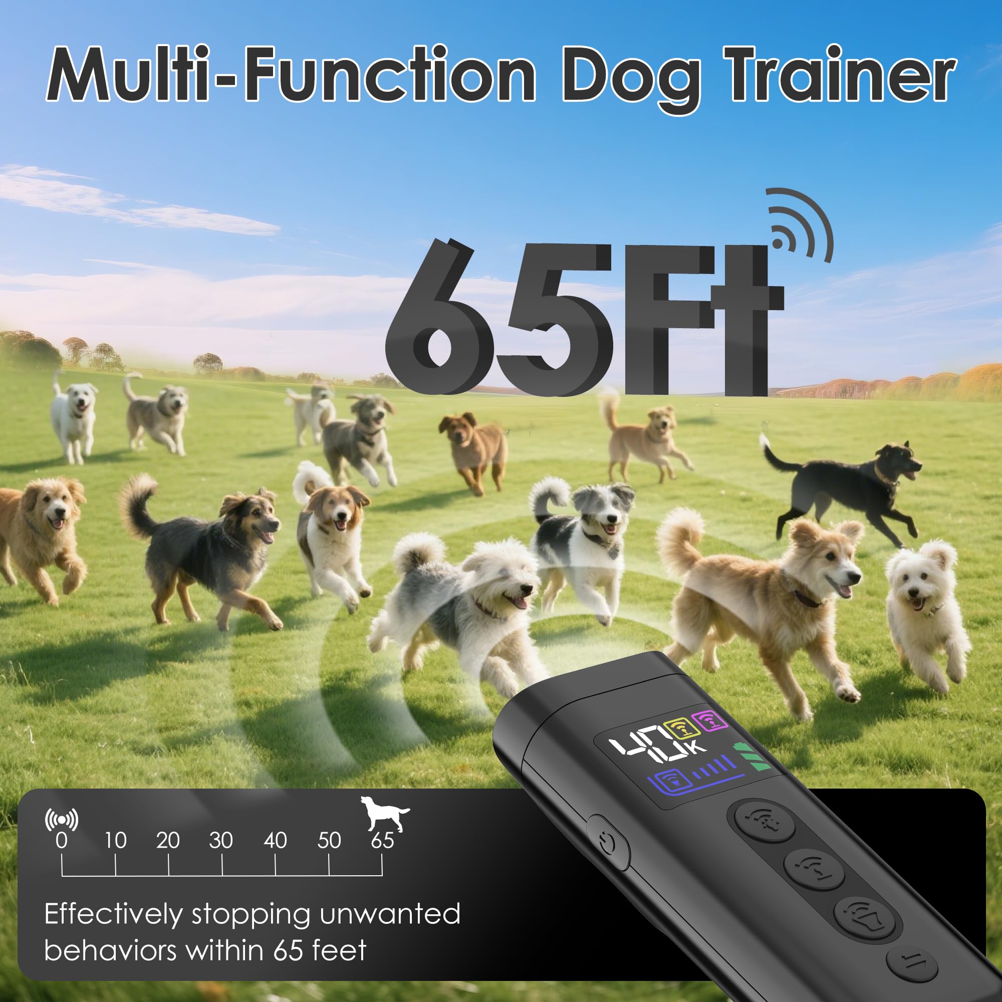 Phzibor three-frequency ultrasonic targets barking patterns to aid behavior shaping.