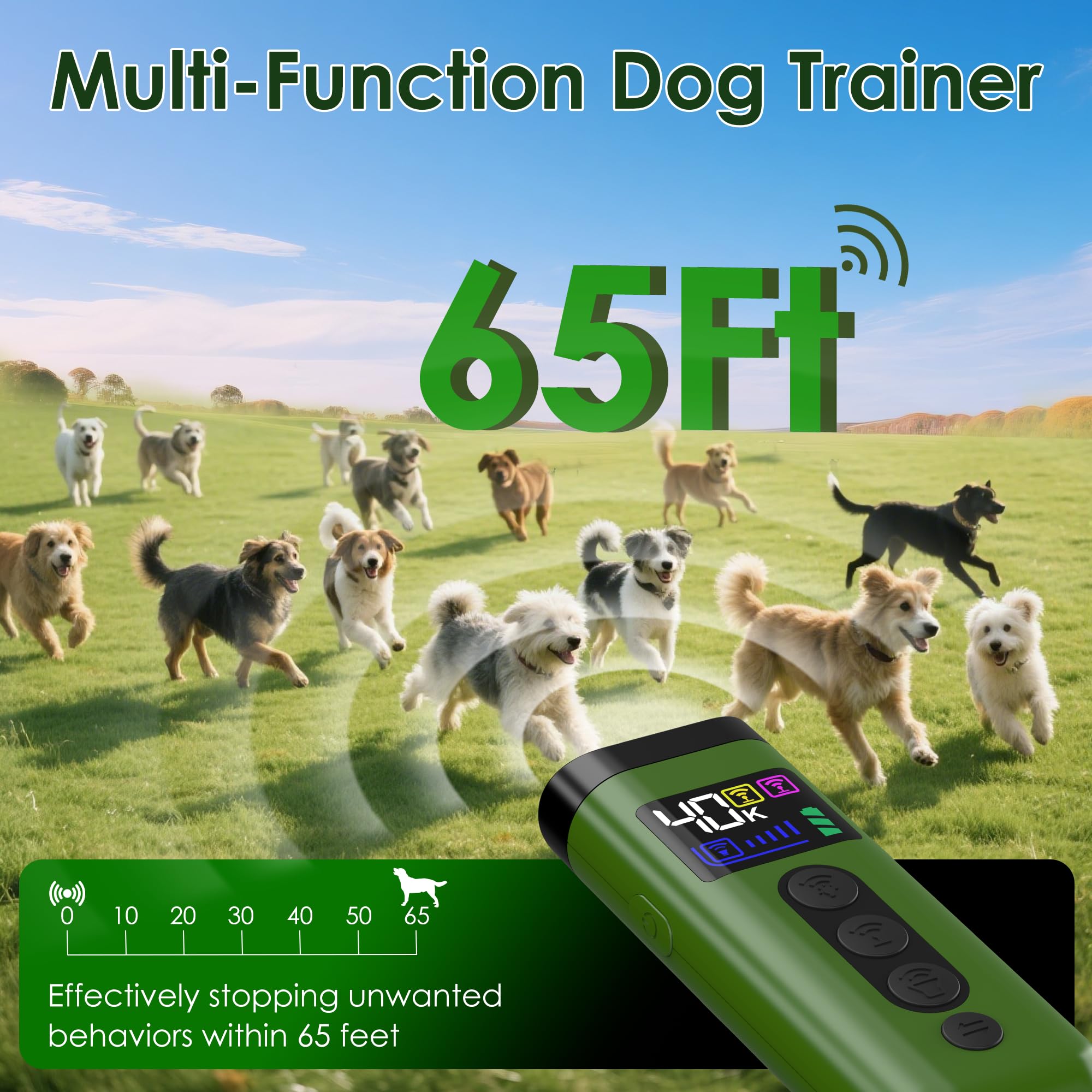 Phzibor ultrasonic trainer display shows 65 ft range for practical outdoor training