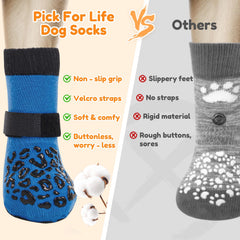 PICK FOR LIFE dog paw socks blue on stairs showing secure fit and traction