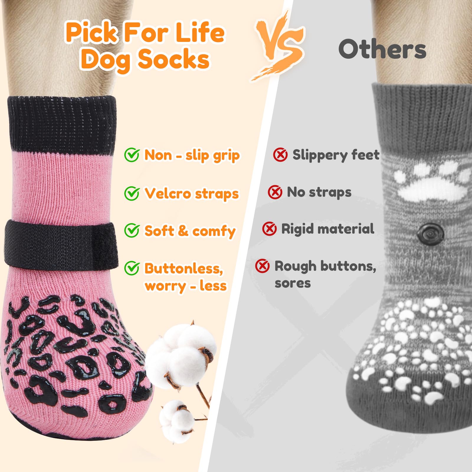 PICK FOR LIFE non-slip dog socks pink XS with Velcro strap on paw