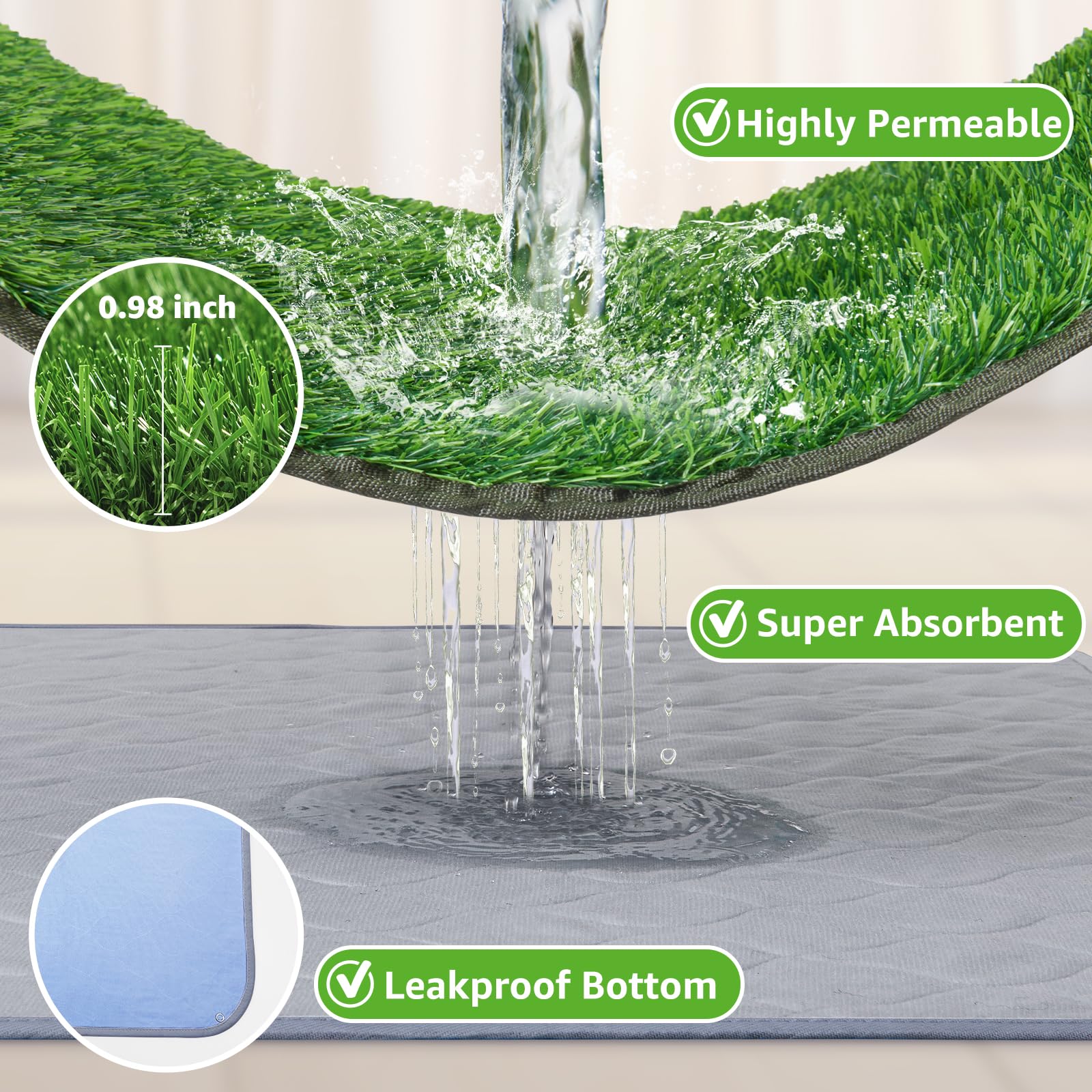 PICK FOR LIFE pee pad uses soft-touch turf that lasts in sun and rain.