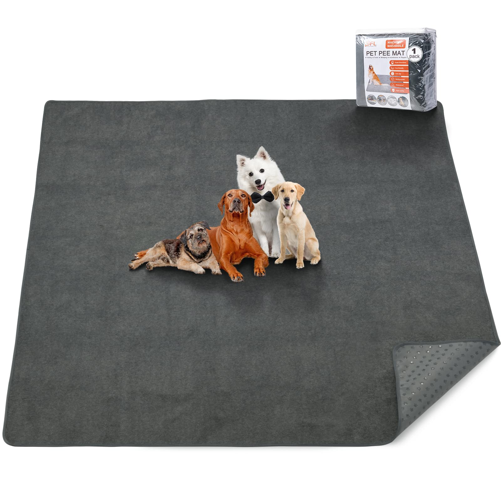 PICK FOR LIFE washable dog pad flat lay shows 60x60 size for versatile training and whelping.