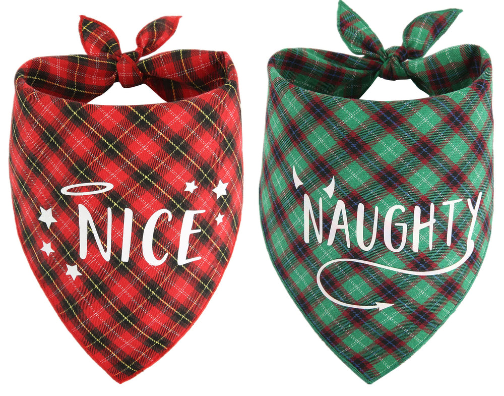PICKUPIK Naughty Nice Dog Bandana 1 shows dual plaid patterns for festive pet styling and easy outfit changes.