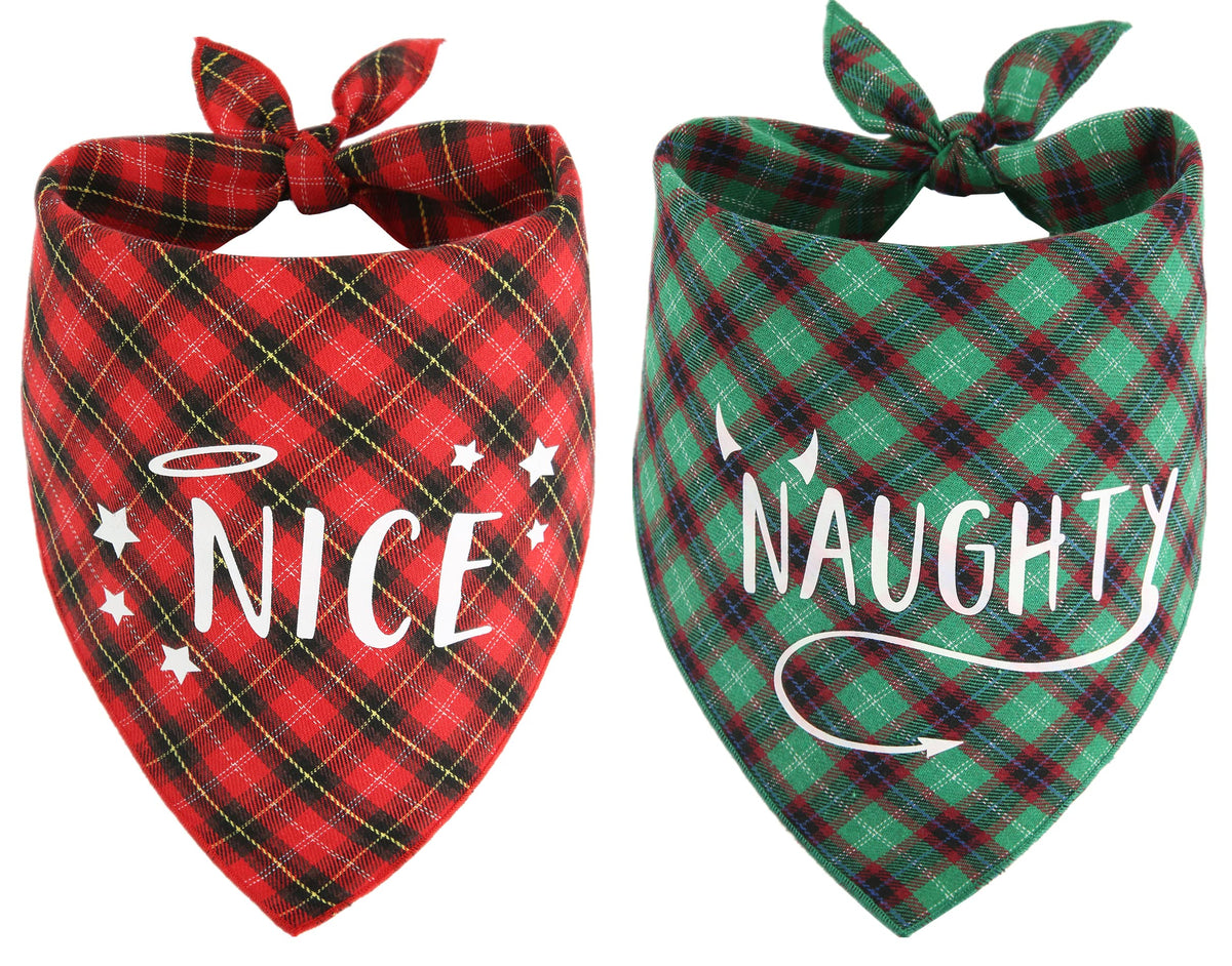 PICKUPIK Naughty Nice Dog Bandana 1 shows dual plaid patterns for festive pet styling and easy outfit changes.