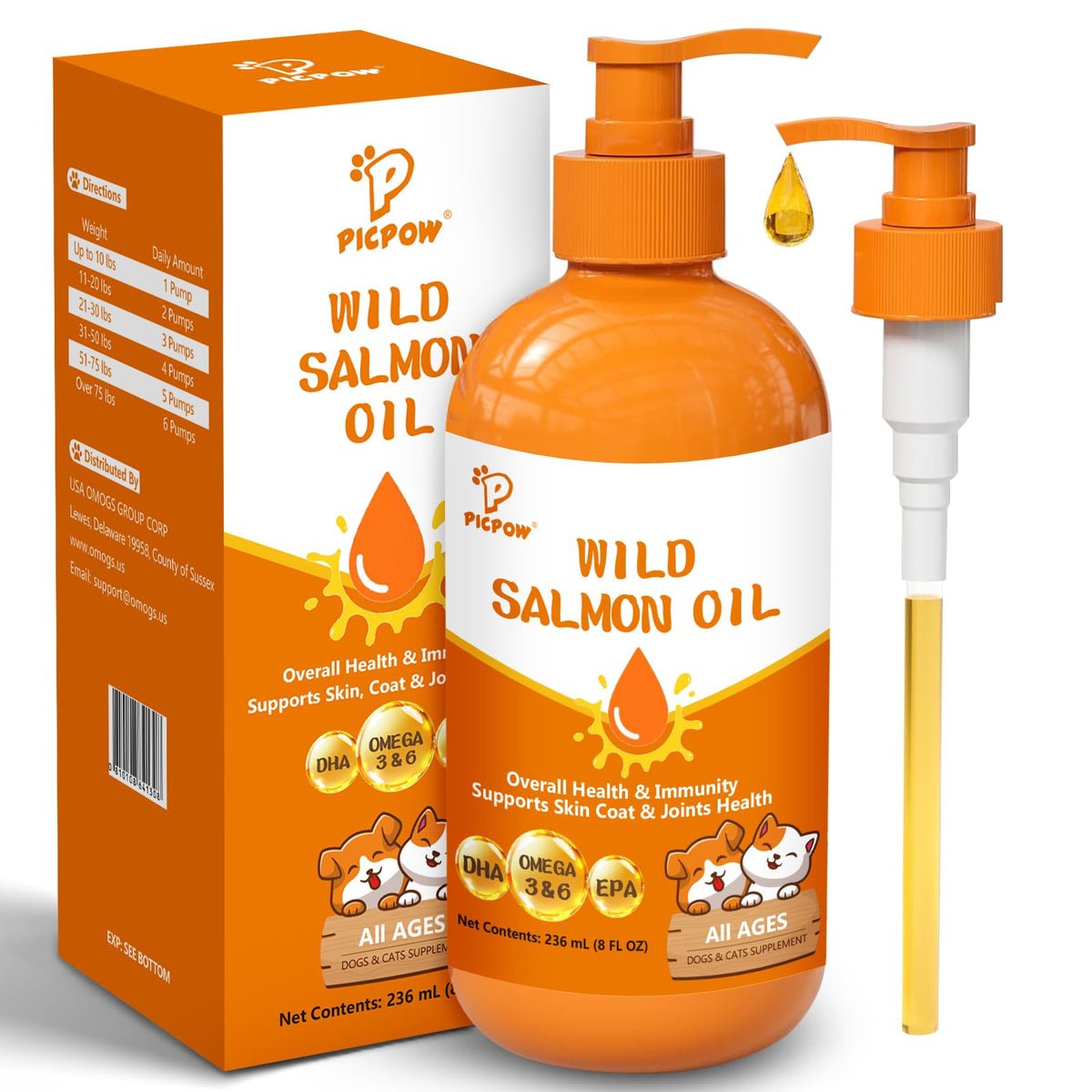 PICPOW wild Alaskan salmon oil bottle boosts skin and coat health for dogs and cats
