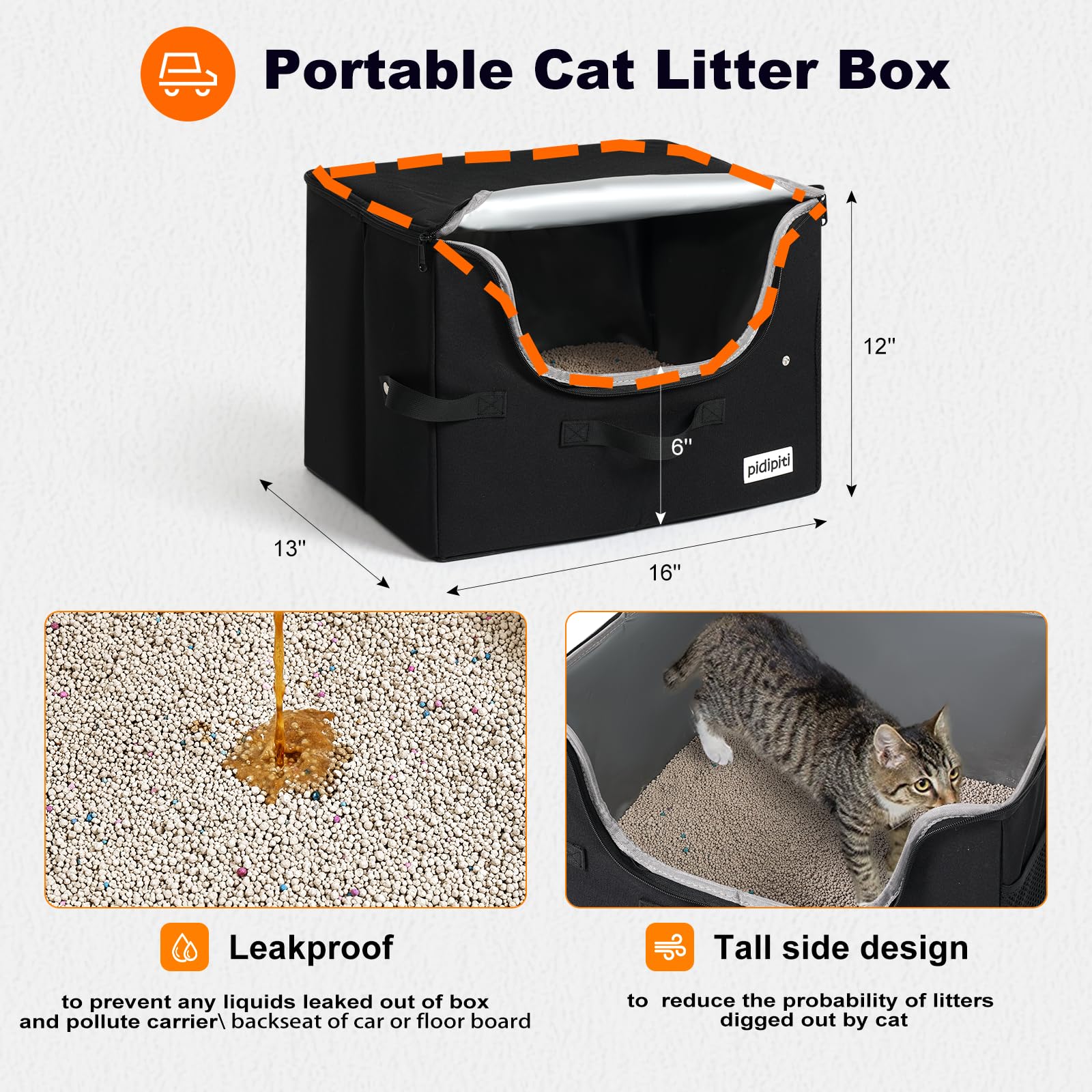 Pidipiti leakproof litter box image emphasizes spill-safe travel.