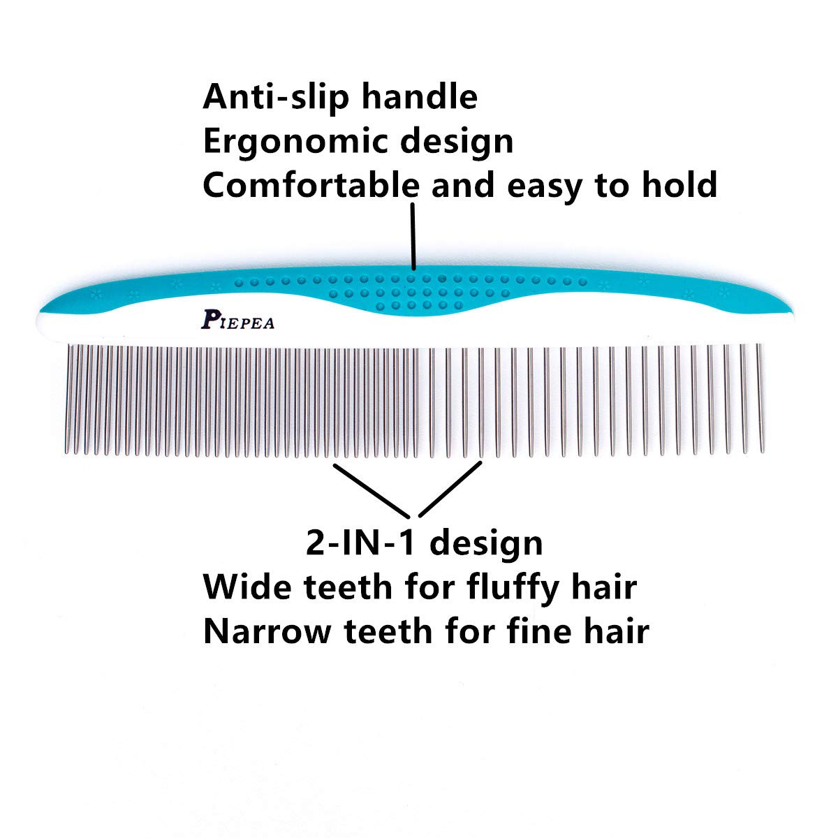 Piepea pet comb with rounded teeth gently massages skin while detangling.