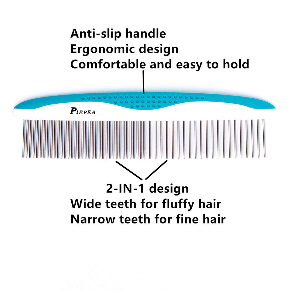 Piepea pet comb with rounded teeth gently massages skin while detangling.