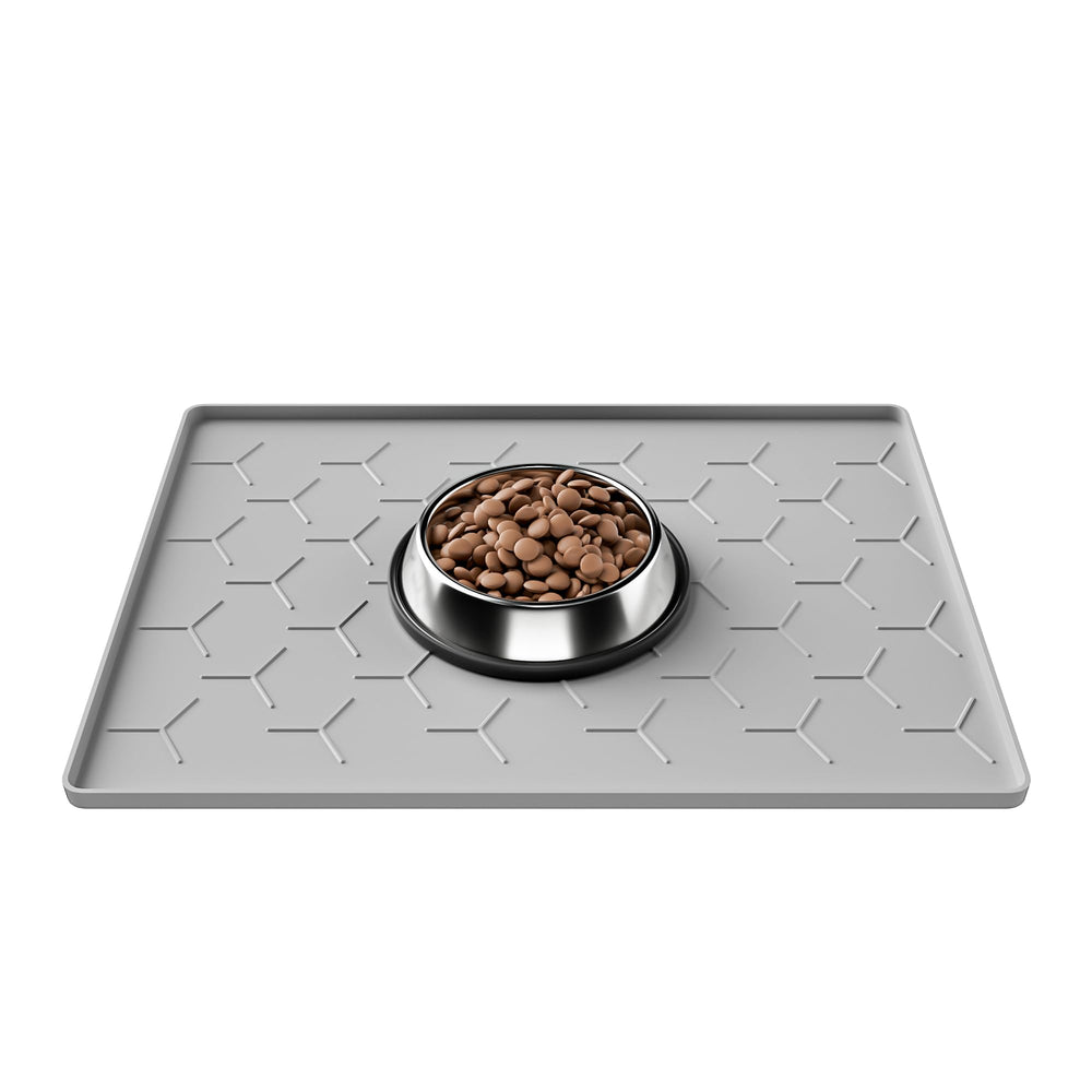 Pieviev 16x12 dog cat food bowl mat shows size and raised edge to prevent spills