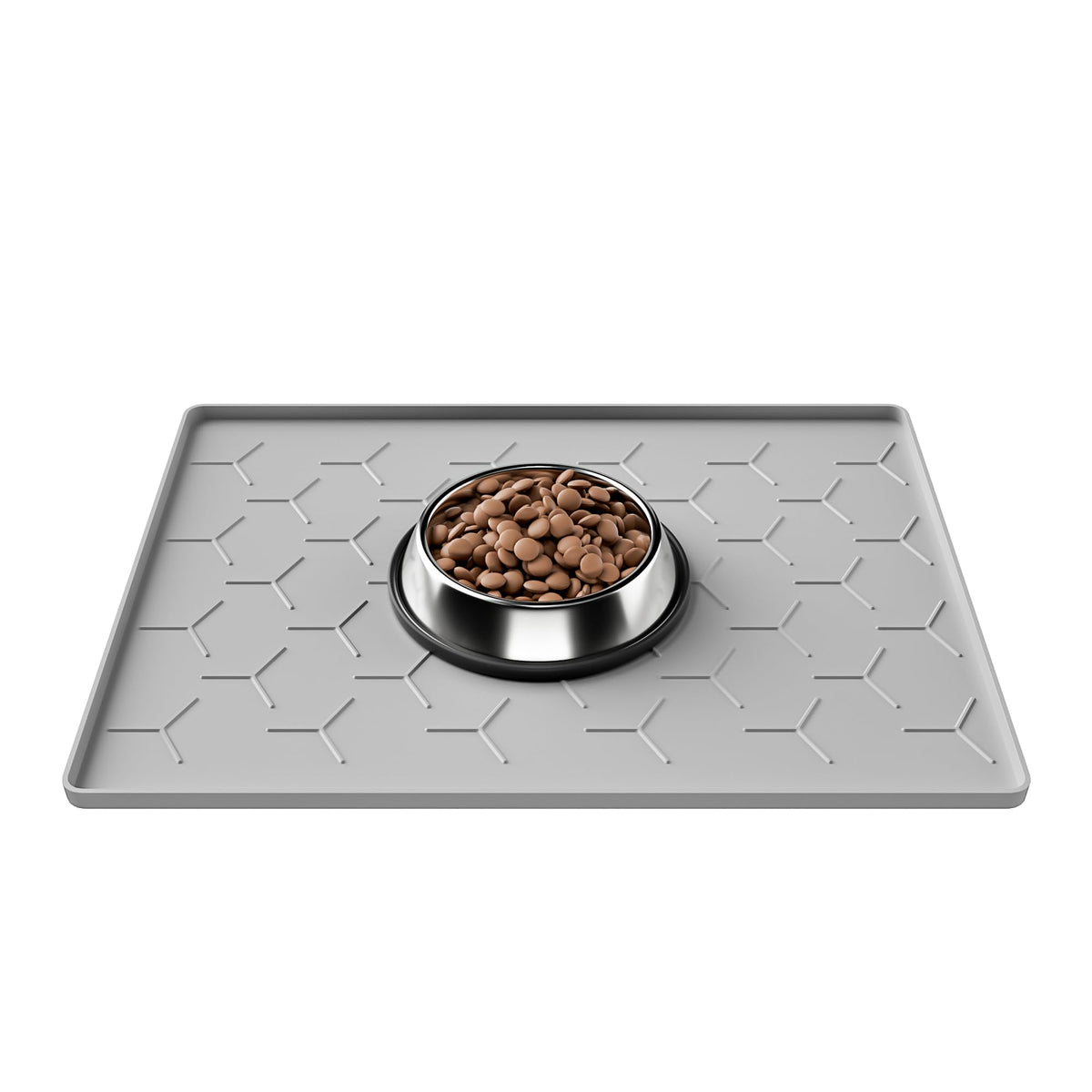 Pieviev 16x12 dog cat food bowl mat shows size and raised edge to prevent spills