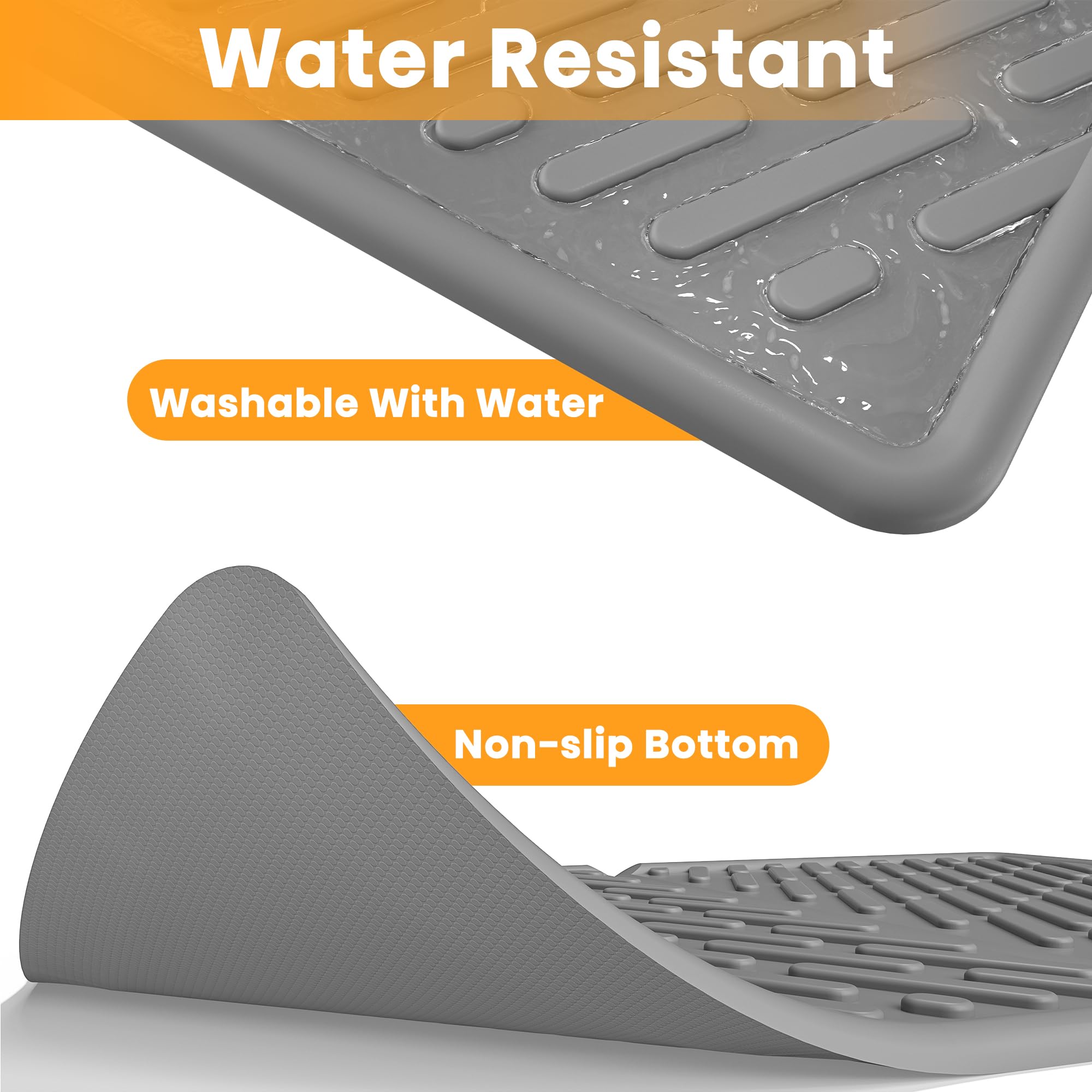 Pieviev cat feeding mat under bowls catches spills.