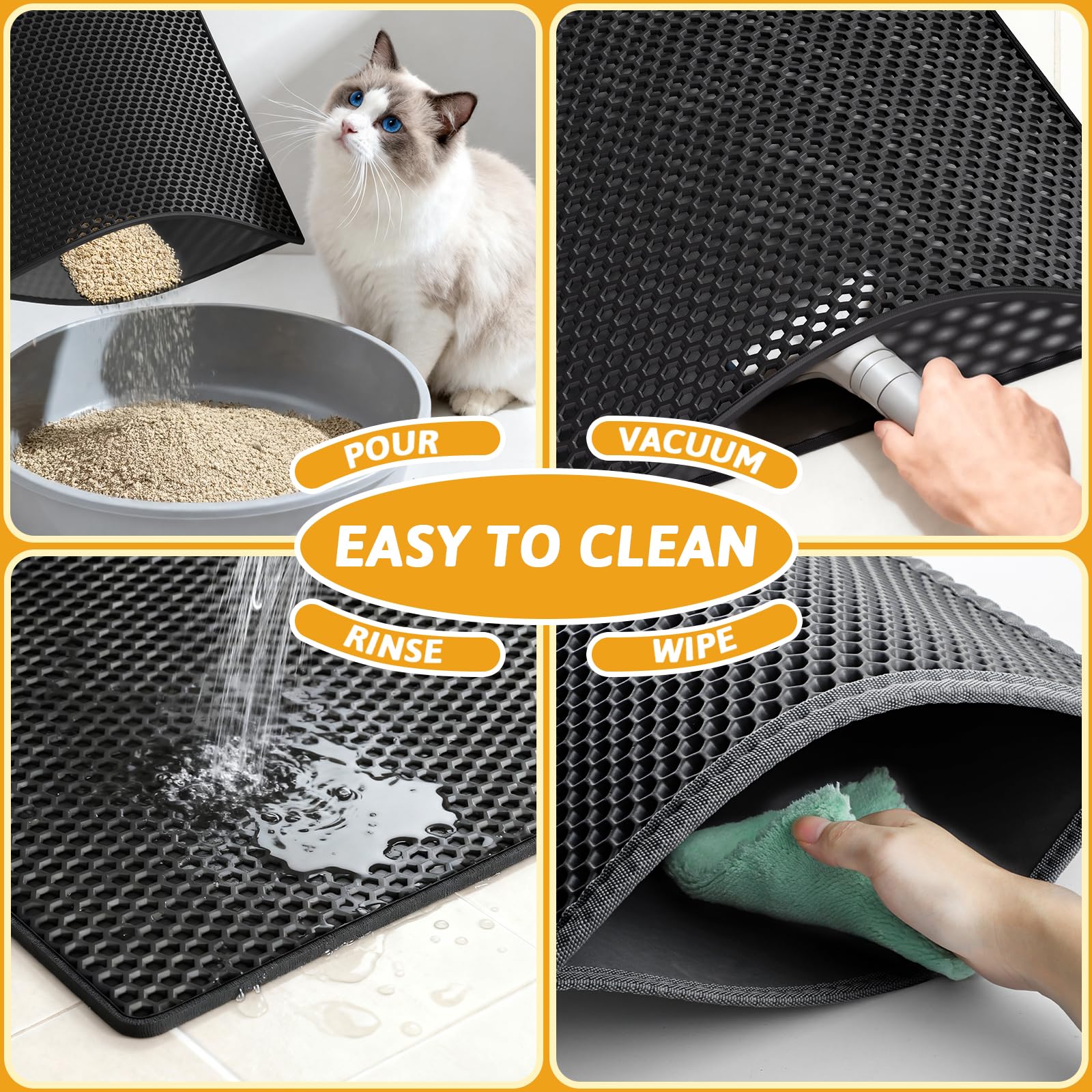 Pieviev easy-clean design allows quick shake-release of litter from the mat.