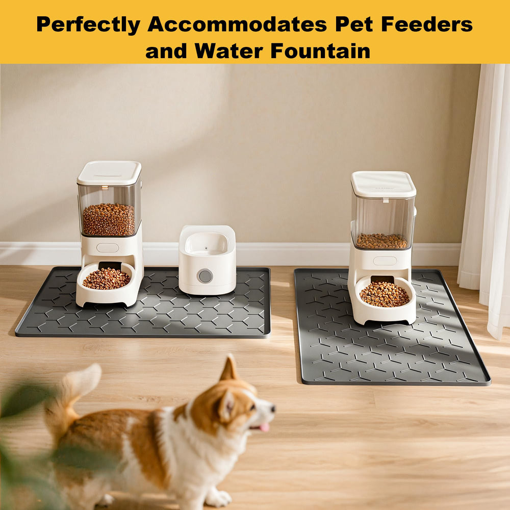 Pieviev dark-gray dog-cat-food mat blends with decor while containing mess
