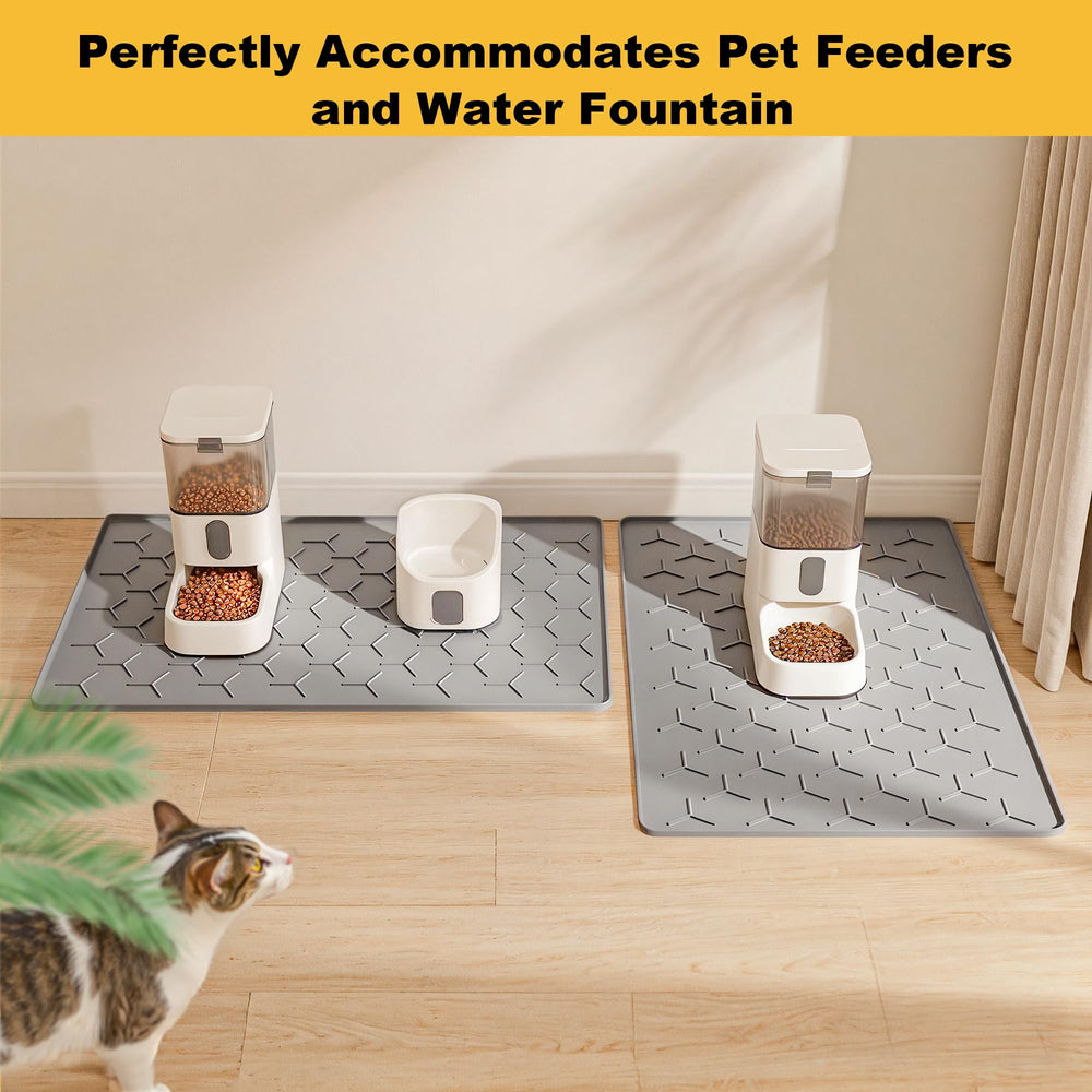 Pieviev light gray design blends with decor and protects flooring.