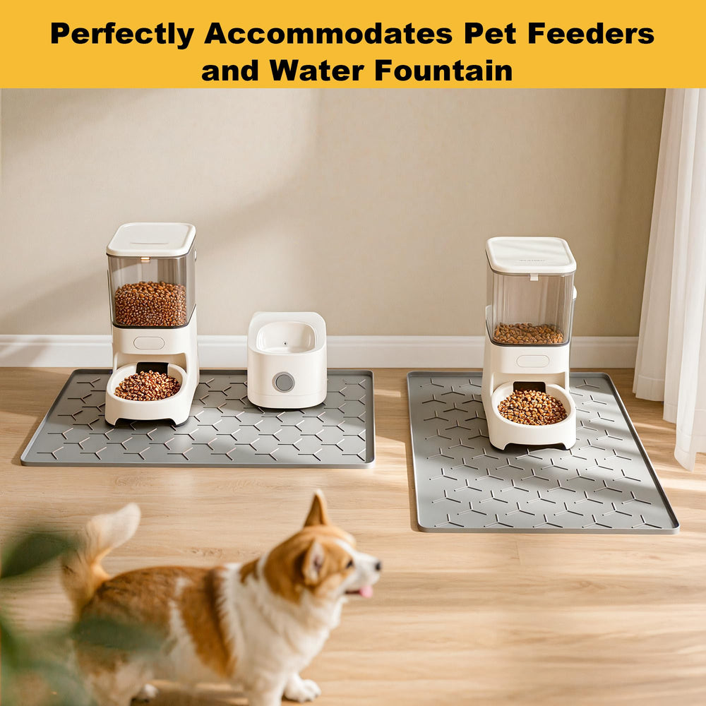 Pieviev light-gray pet food mat blends with decor and protects floors.