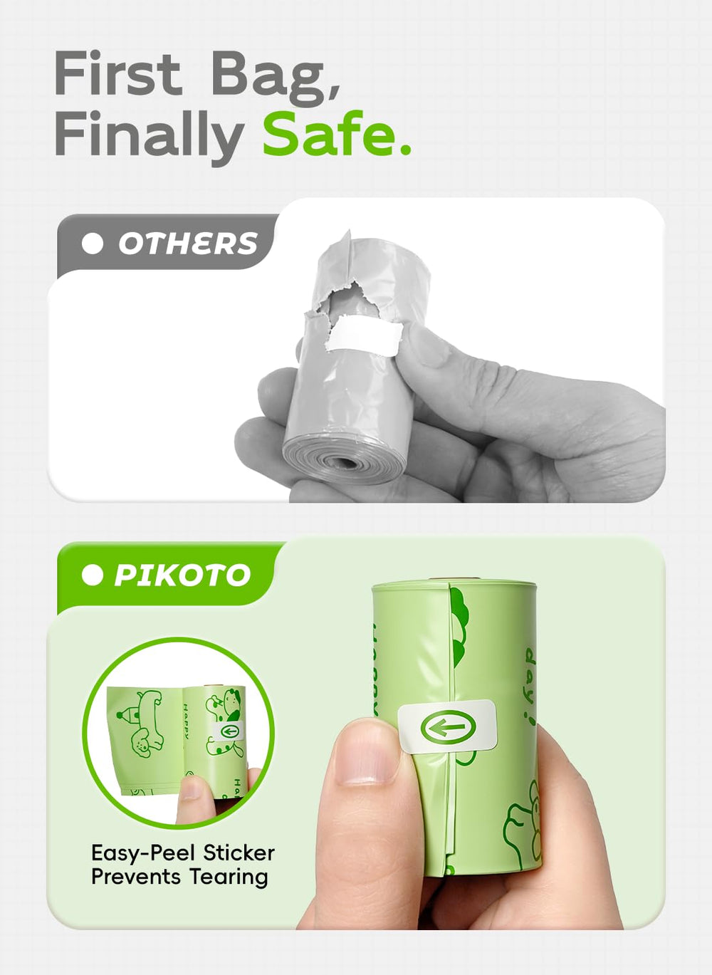 Pikoto 60% recycled plastic bags reduce waste.