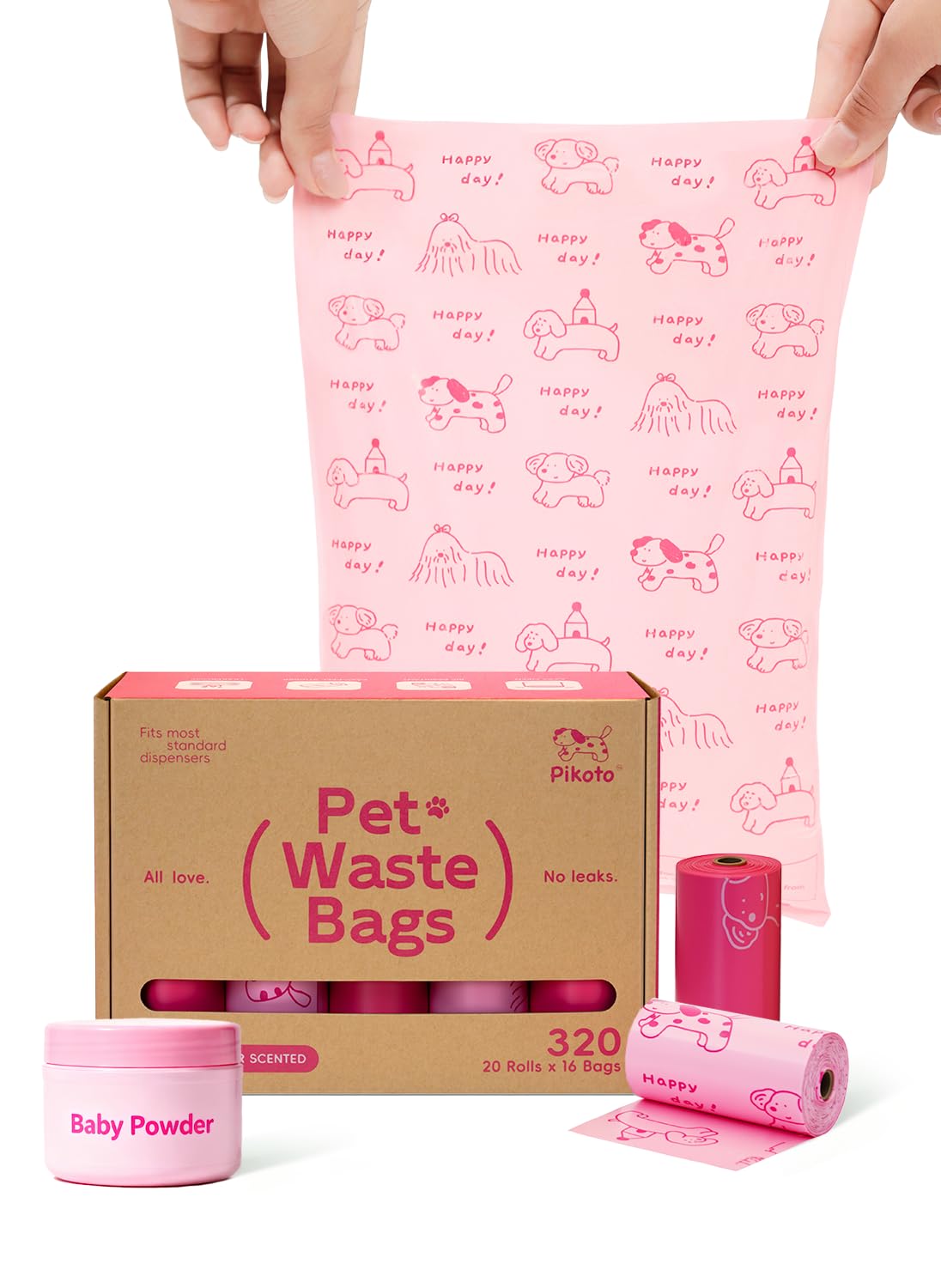 Pikoto dog poop bags rolls pink design showing leak-proof, extra-thick waste bags for walks