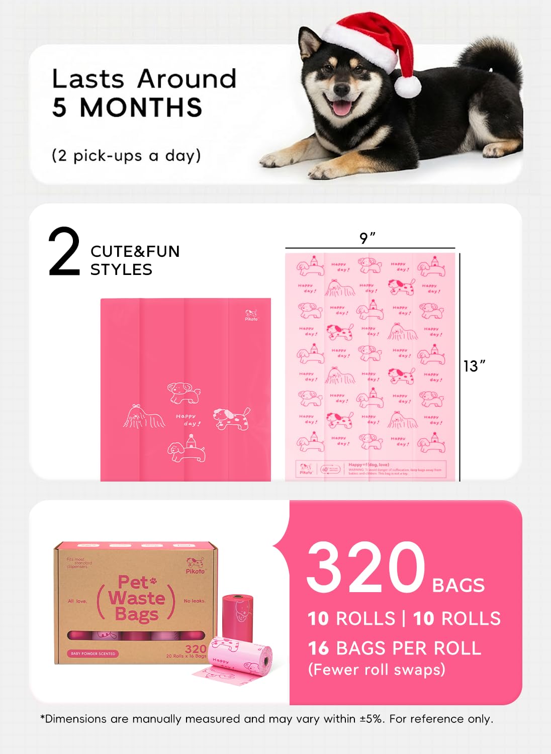 Pikoto dog poop bags on a roll with light pink design for easy opening