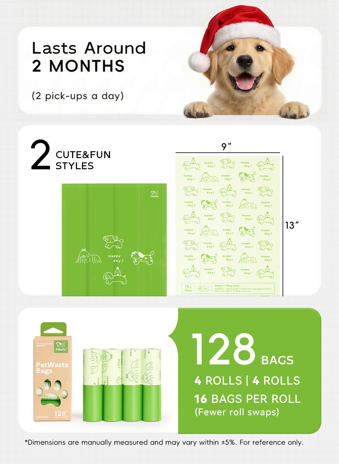 Pikoto dog poop bags roll showing easy-peel sticker for quick access.