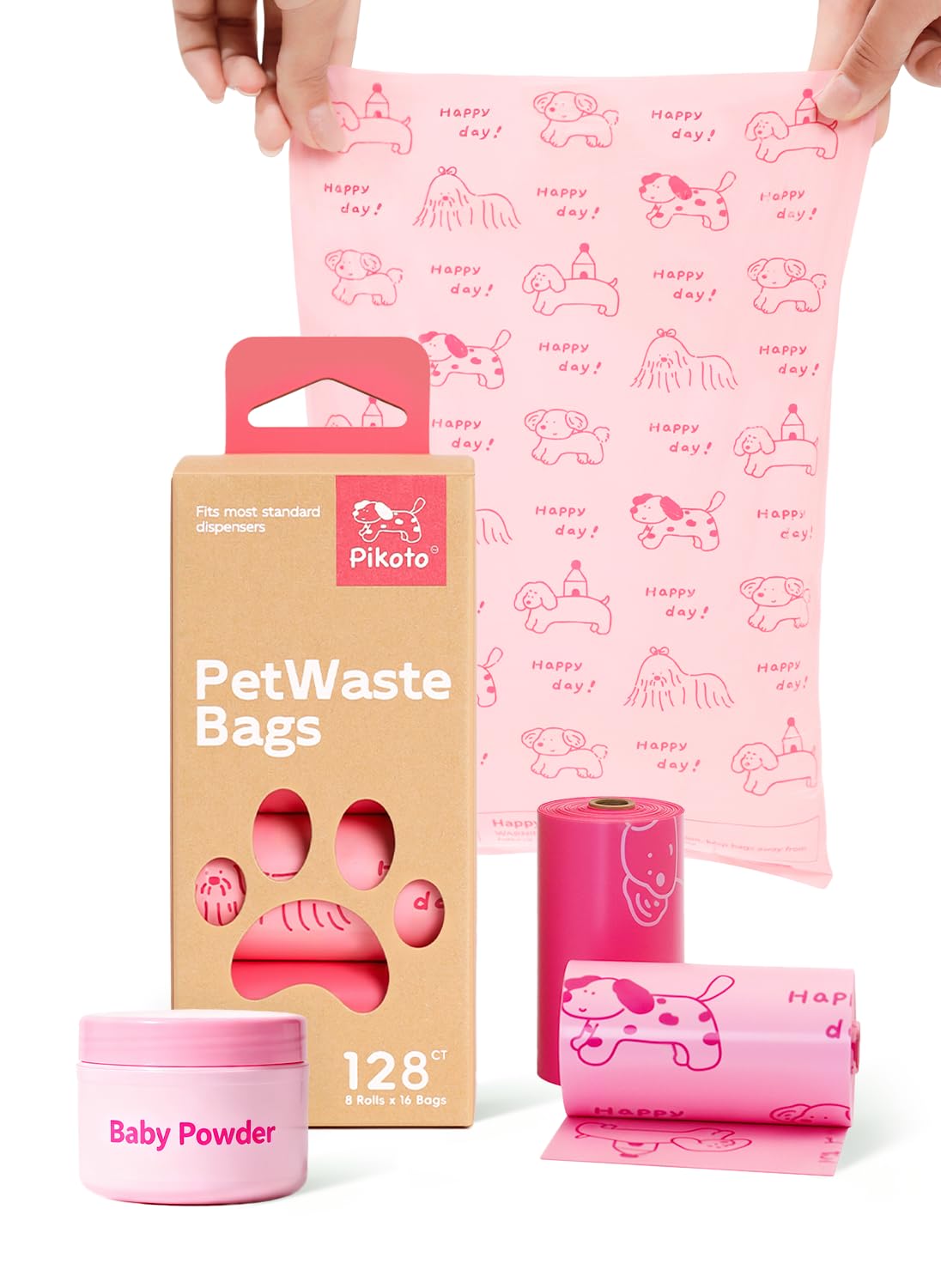 Pikoto pink dog poop bags rolls packaging ready for quick, tidy cleanup on walks