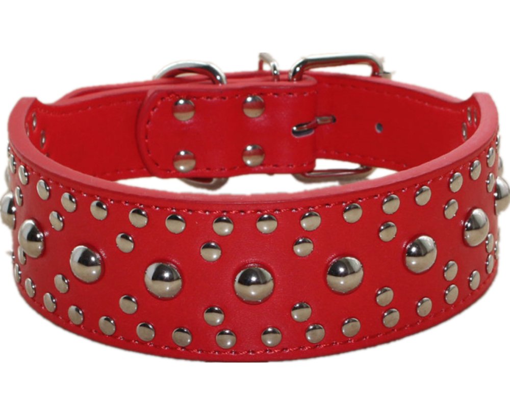 Pimaodog studded dog collar red close-up with durable faux leather and secure hardware.