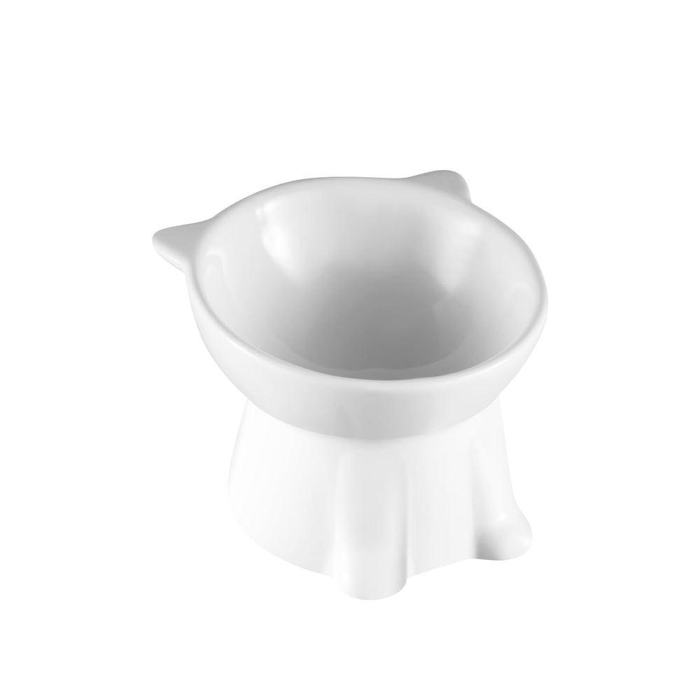 Pin Forest ceramic elevated cat bowl tilt for ergonomic feeding in indoor cats.