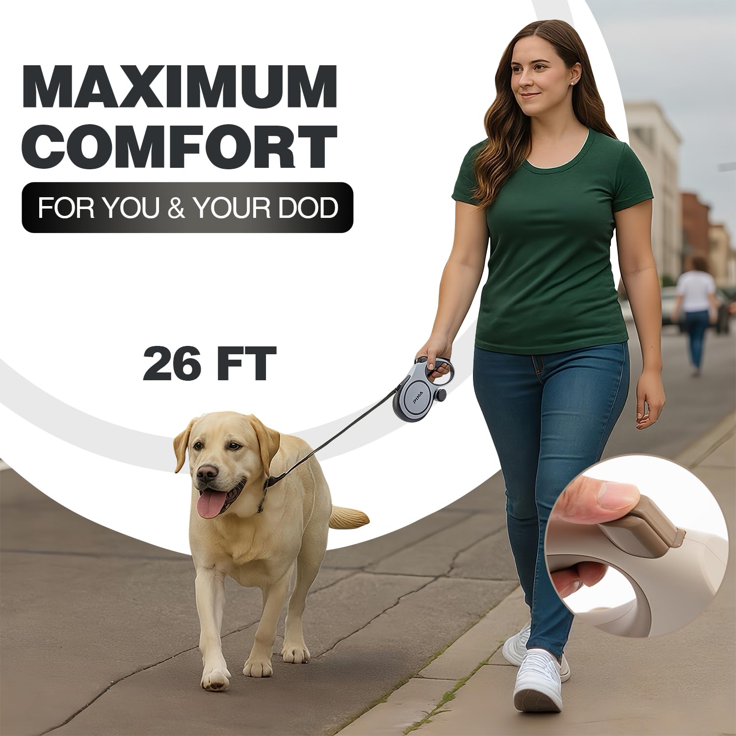 Pina leash 360-degree tangle-free in-action highlighting smooth retraction and hassle-free walking.