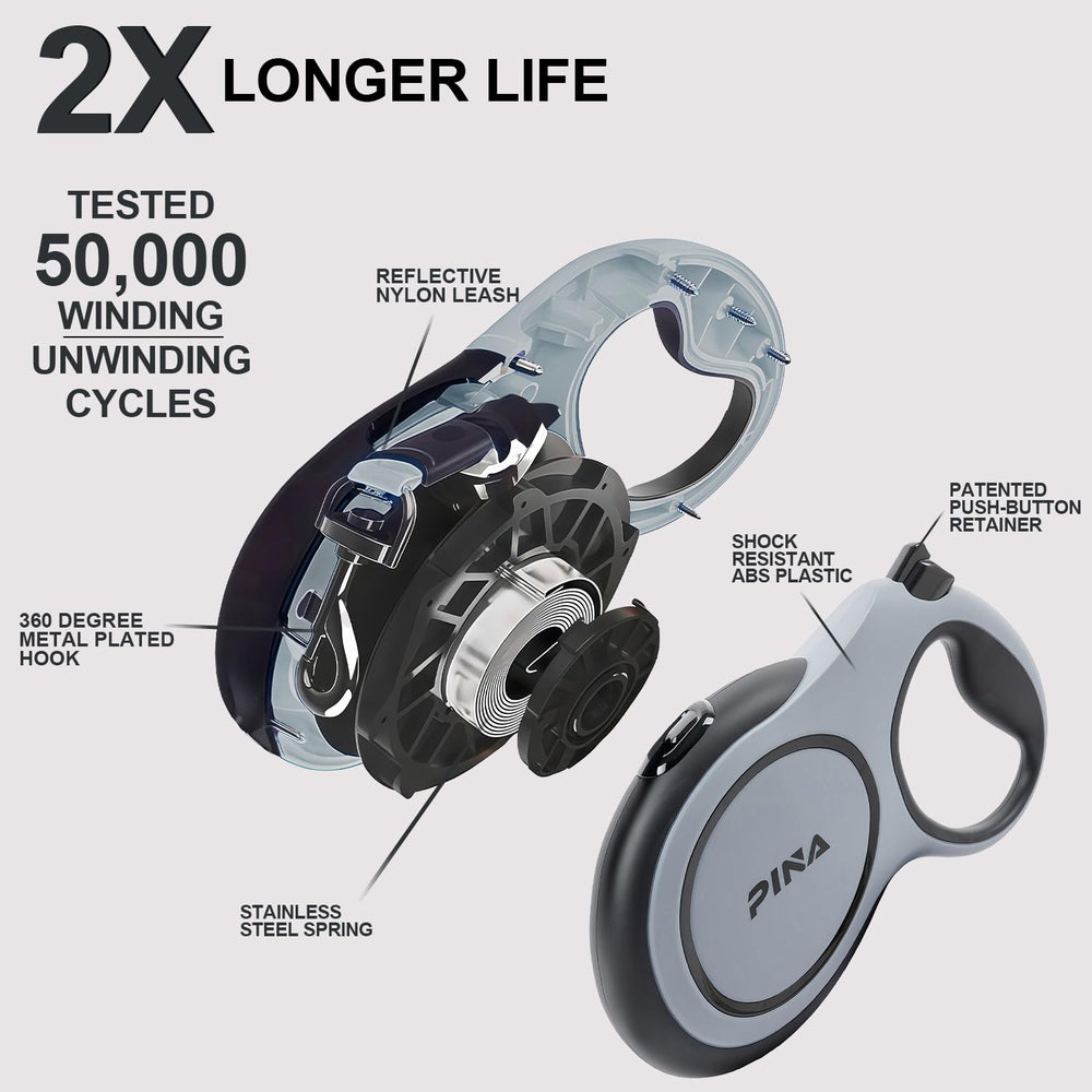 Pina Upgraded Retractable Leash reflective tape at night enhances visibility during evening walks.
