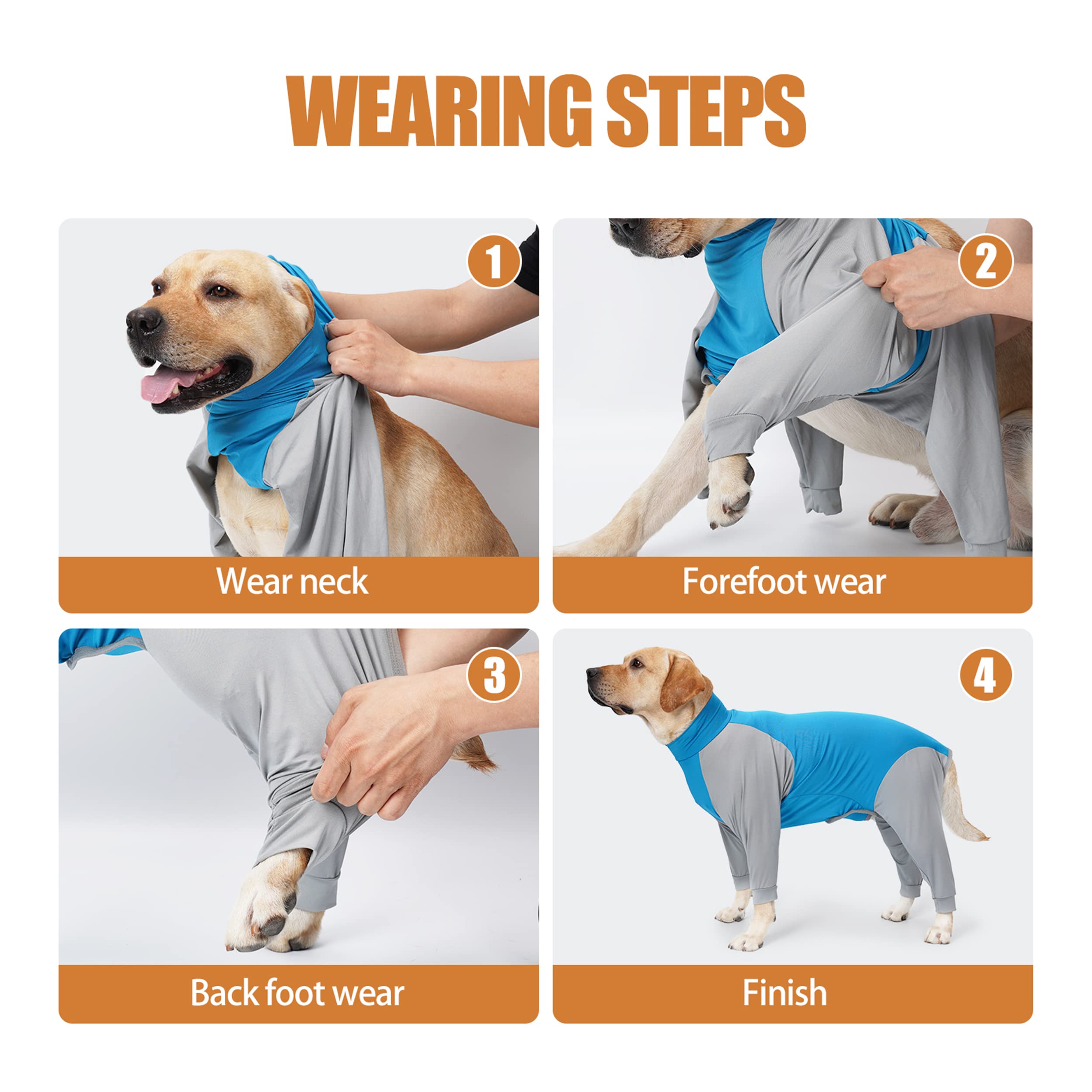Pinellia blue XL dog pajamas help reduce shedding and fuss.