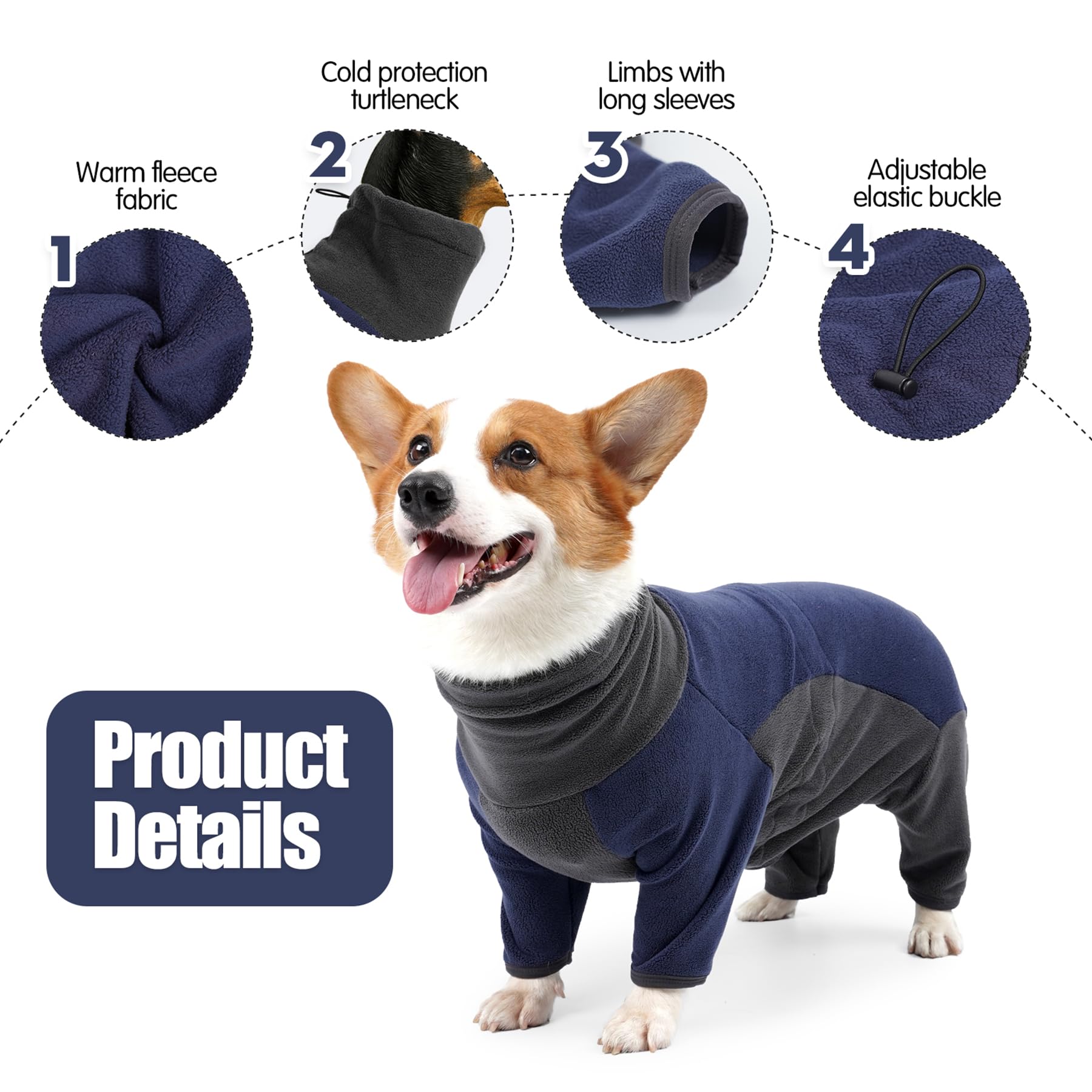 Pinellia warm fleece dog jacket blue back view blocks wind for chilly walks