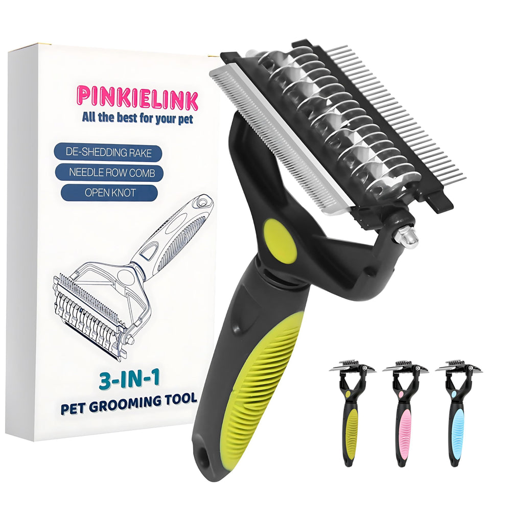 PINKIELINK 3-in-1 undercoat rake with 9 teeth removes mats gently