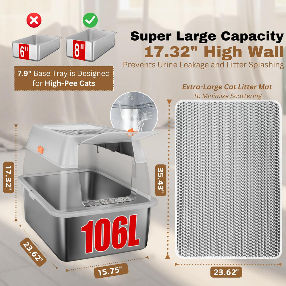 Interior view of PINENEST XXL stainless steel litter box showing spacious capacity