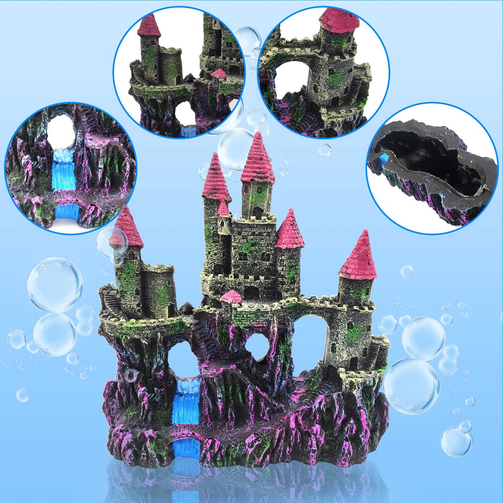 PINVNBY Aquarium Resin Castle pink corner-entry captures realistic sea-castle ambiance.