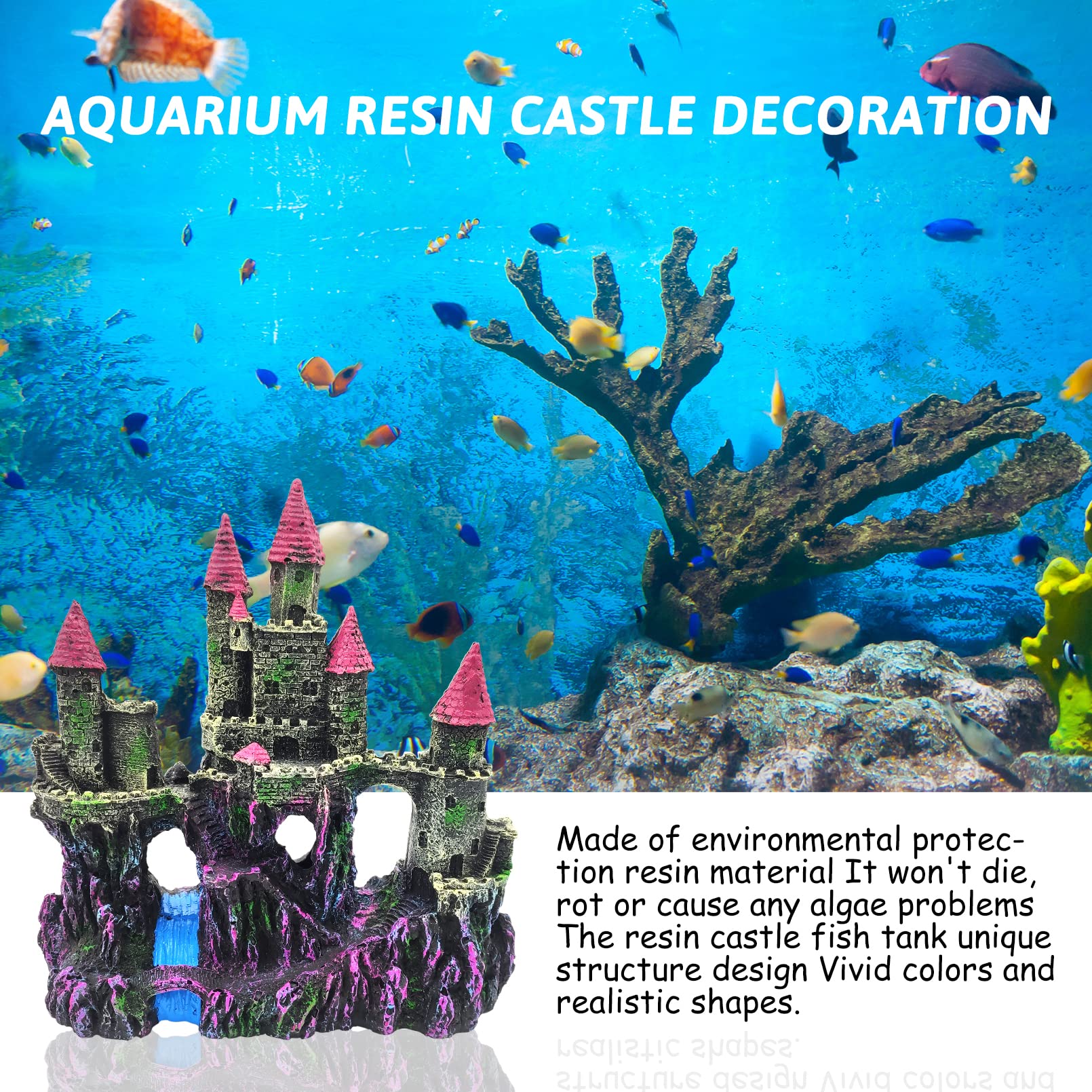 PINVNBY Aquarium Resin Castle pink driftwood texture emphasizes natural look.