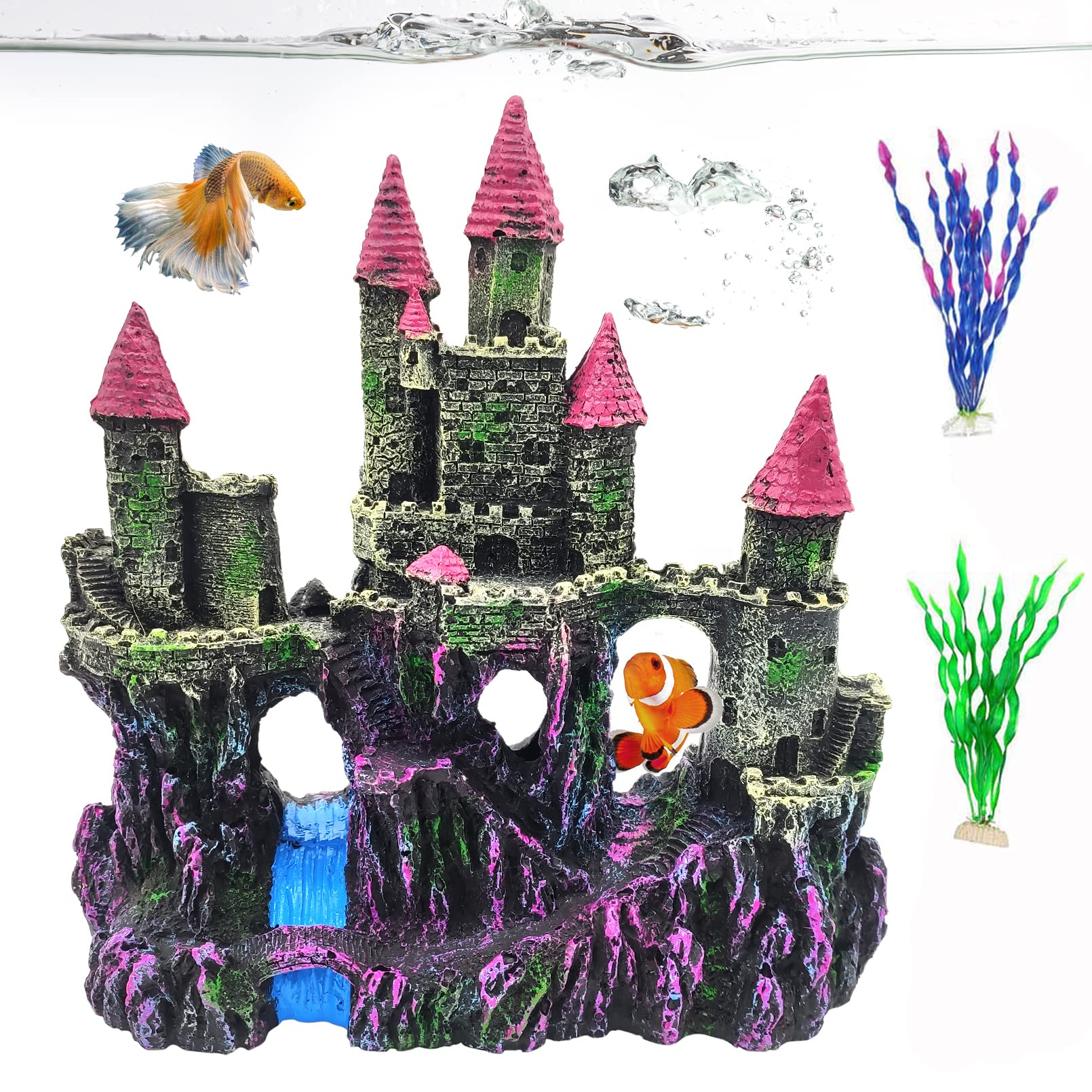 PINVNBY Aquarium Resin Castle pink front view offers shelter and a colorful focal point.