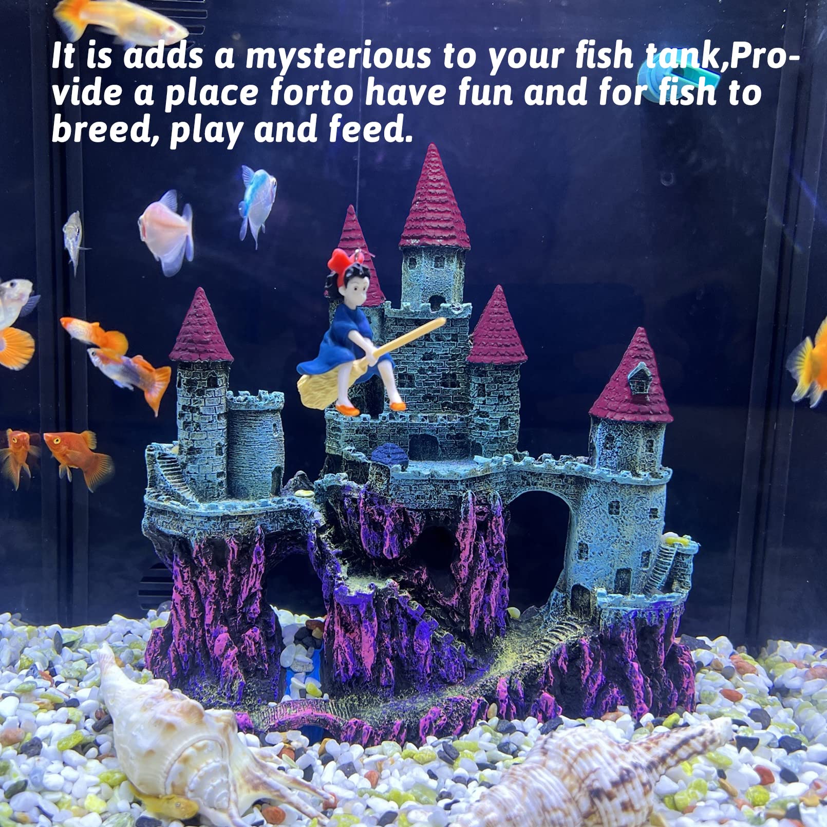 PINVNBY Aquarium Resin Castle pink hiding-spot closeup highlights shelter and drama.