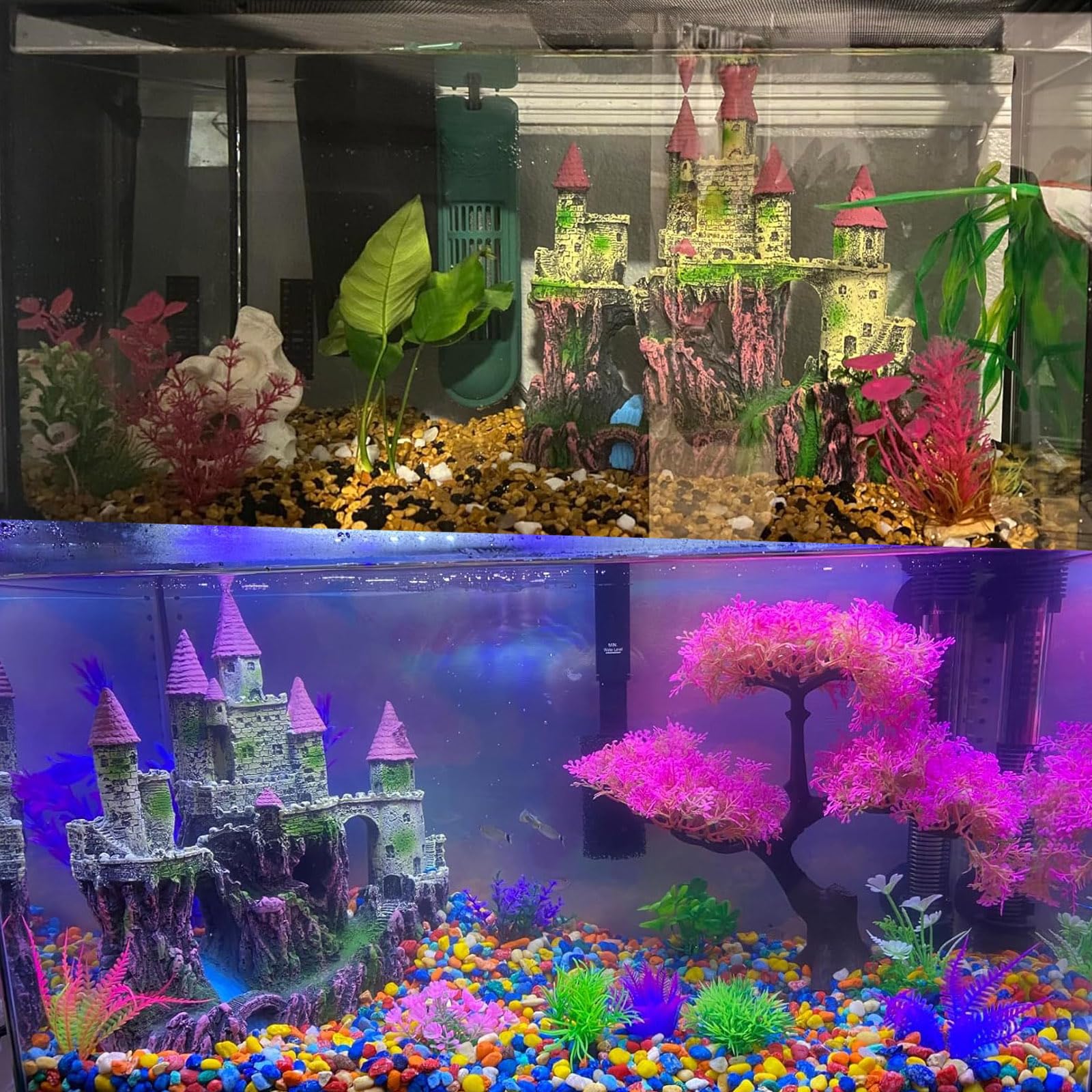 PINVNBY Aquarium Resin Castle pink side view highlights vivid color under tank lighting.