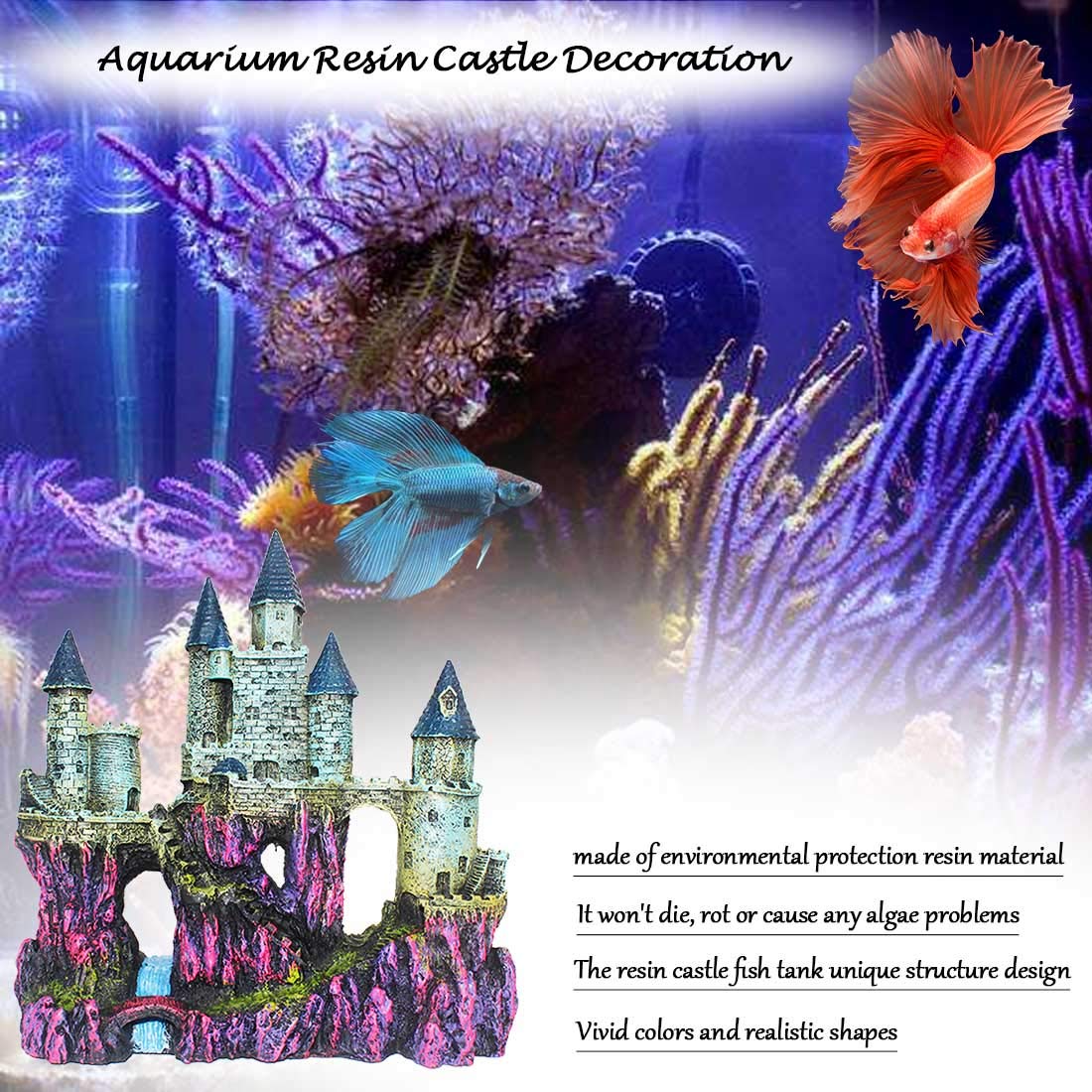 PINVNBY Aquarium Resin Castle purple flat-bottom display ensures stable tank placement.