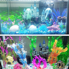 PINVNBY Aquarium Resin Castle purple in-water scene shows shelter and play area for fish.