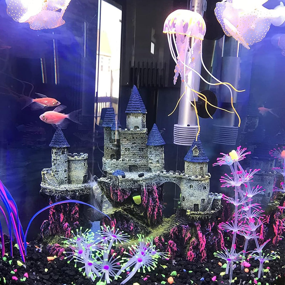 PINVNBY Aquarium Resin Castle purple side view demonstrates safe, non-toxic décor for fish tanks.