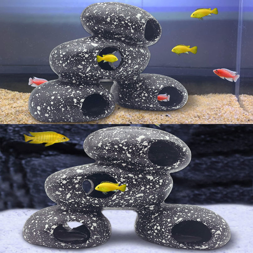 PINVNBY aquarium stone hideaway in a mixed tank enhances natural scenery.