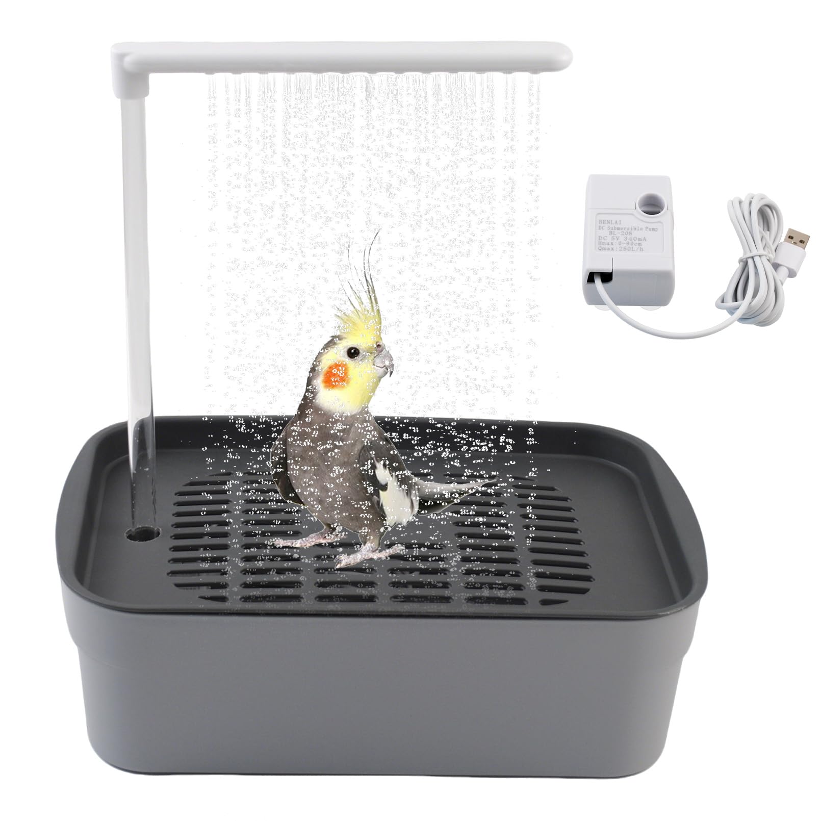 PINVNBY automatic bird bath shower cage setup shows easy installation for parrots.