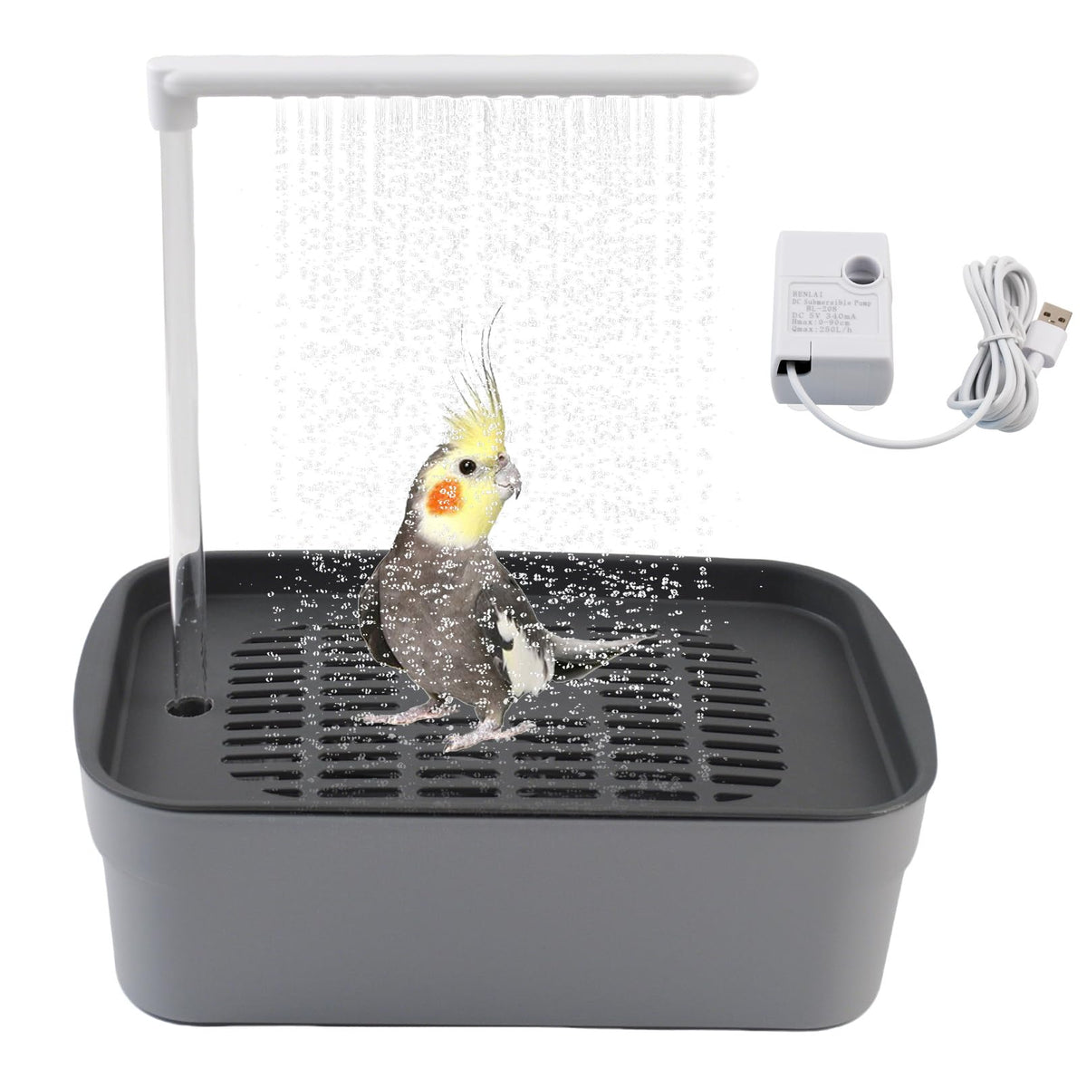 PINVNBY automatic bird bath shower cage setup shows easy installation for parrots.