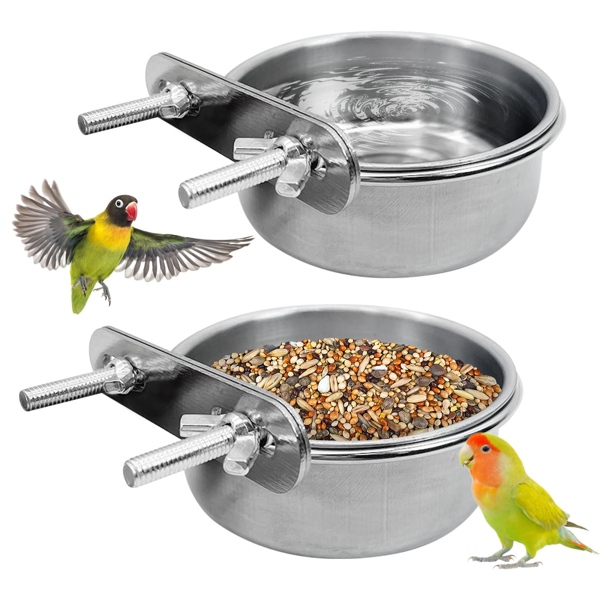 PINVNBY bird bowl inside cage with clamp-secured design for stable feeding.