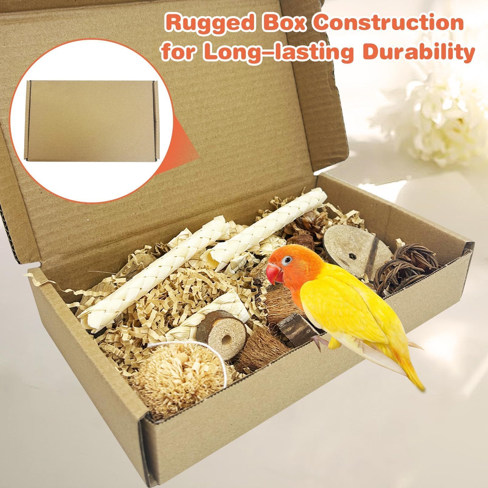 PINVNBY bird chew toy in cage—easy to replace when worn.