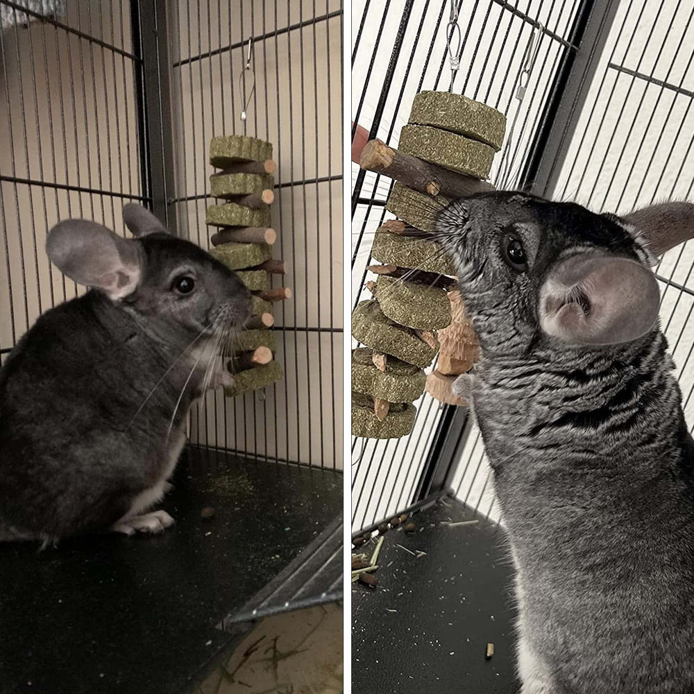 PINVNBY Bunny chew toy hanging-mount shown for easy cage attachment during play.