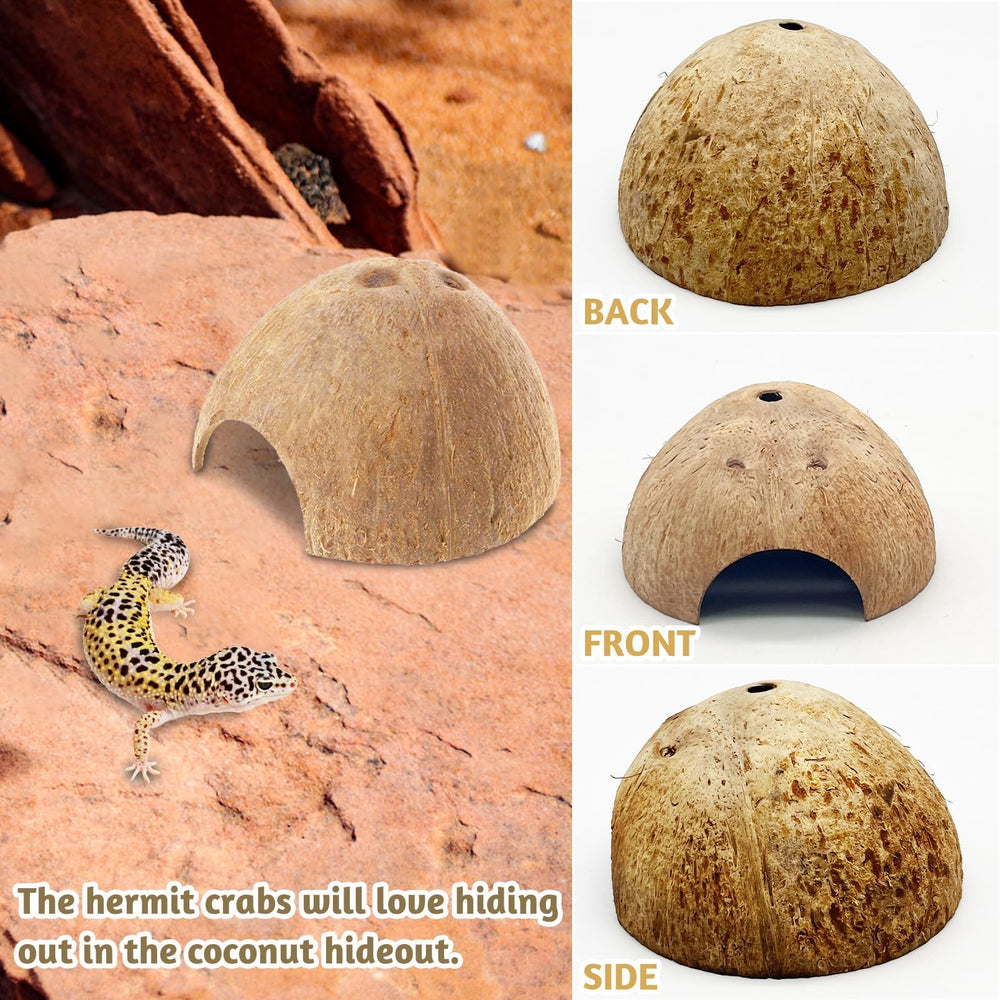 PINVNBY coconut hide doubles as a decorative cave for geckos and hermit crabs.