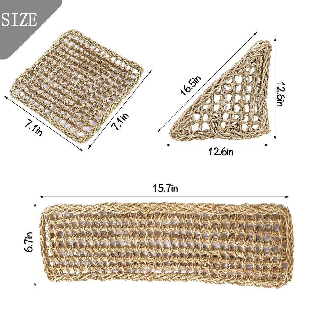 PINVNBY square seagrass hammock adds natural texture and secure resting spot.