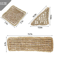 PINVNBY square seagrass hammock adds natural texture and secure resting spot.